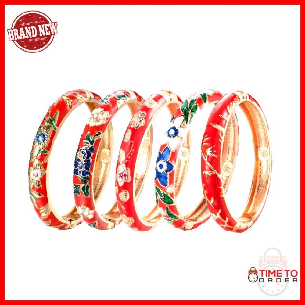 5-Piece Enamel Bangle Bracelet Set with Rose Gold Plating, Gift Box